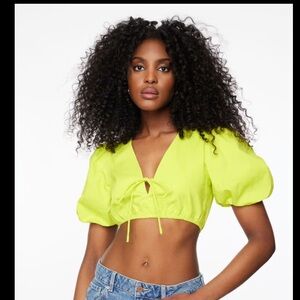 Dynamite Tie Front Puff Sleeve Top in green / neon yellow.